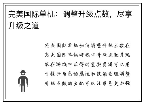 完美国际单机：调整升级点数，尽享升级之道
